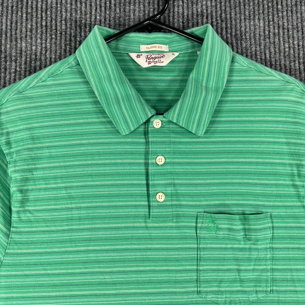 Penguin Youth Boys Shirt Polo XL Extra Large Green Striped Short Sleeve Classic
